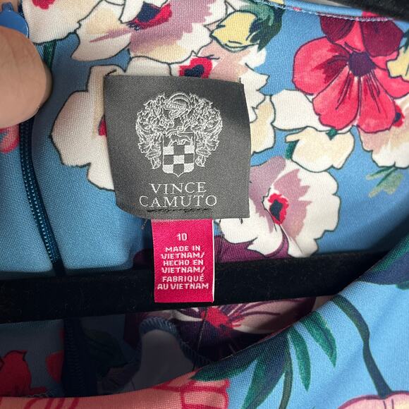 Vince Camuto Floral Blue Pink Fit and Flare Scuba Dress Midi Spring Size 10 - Picture 5 of 8